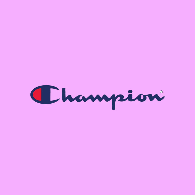 Champion® logo in bold navy and red on a pink background