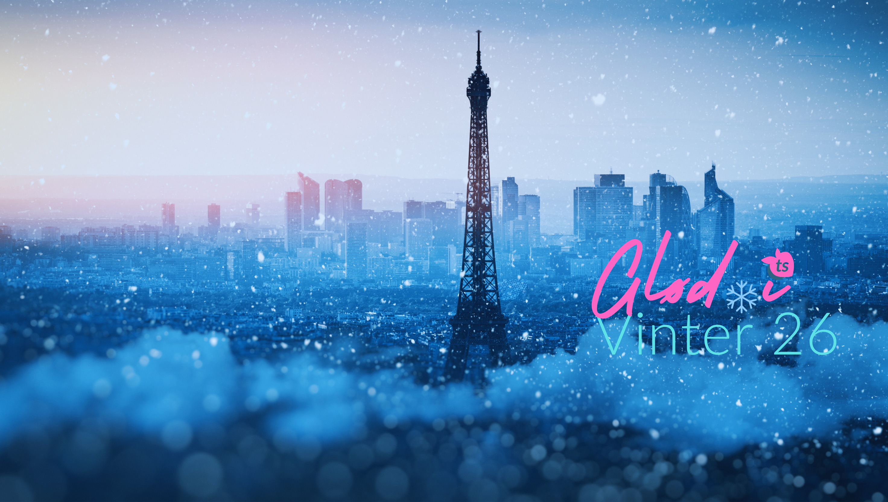Eiffel Tower silhouette with 'Glad i Winter 26' text in a snowy cityscape