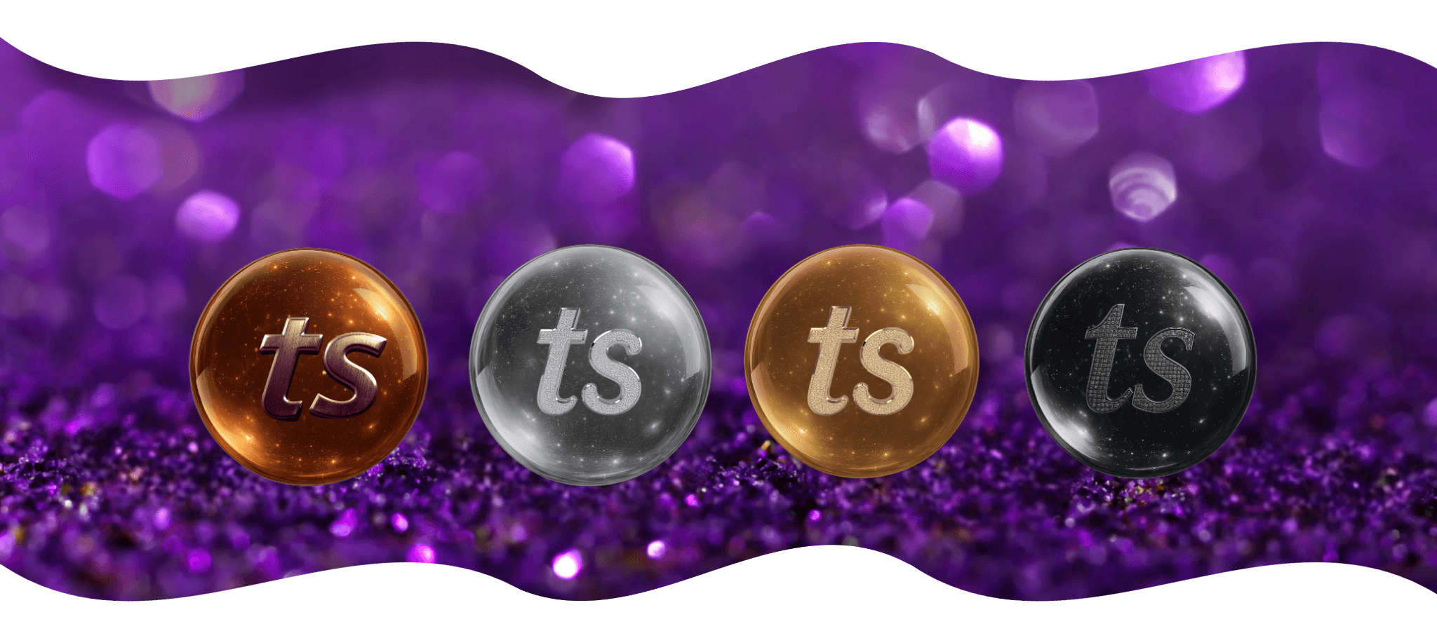 Four metallic sphere earrings with 'ts' logo on a purple glittery background