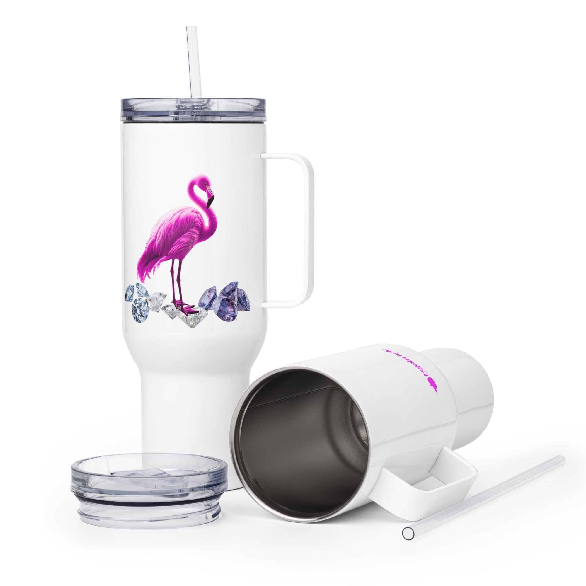 tsgabrielle® • Flamant 🦩 Rose • Travel Mug with a Handle • 2 Sizes • 40 oz White Stainless steel
