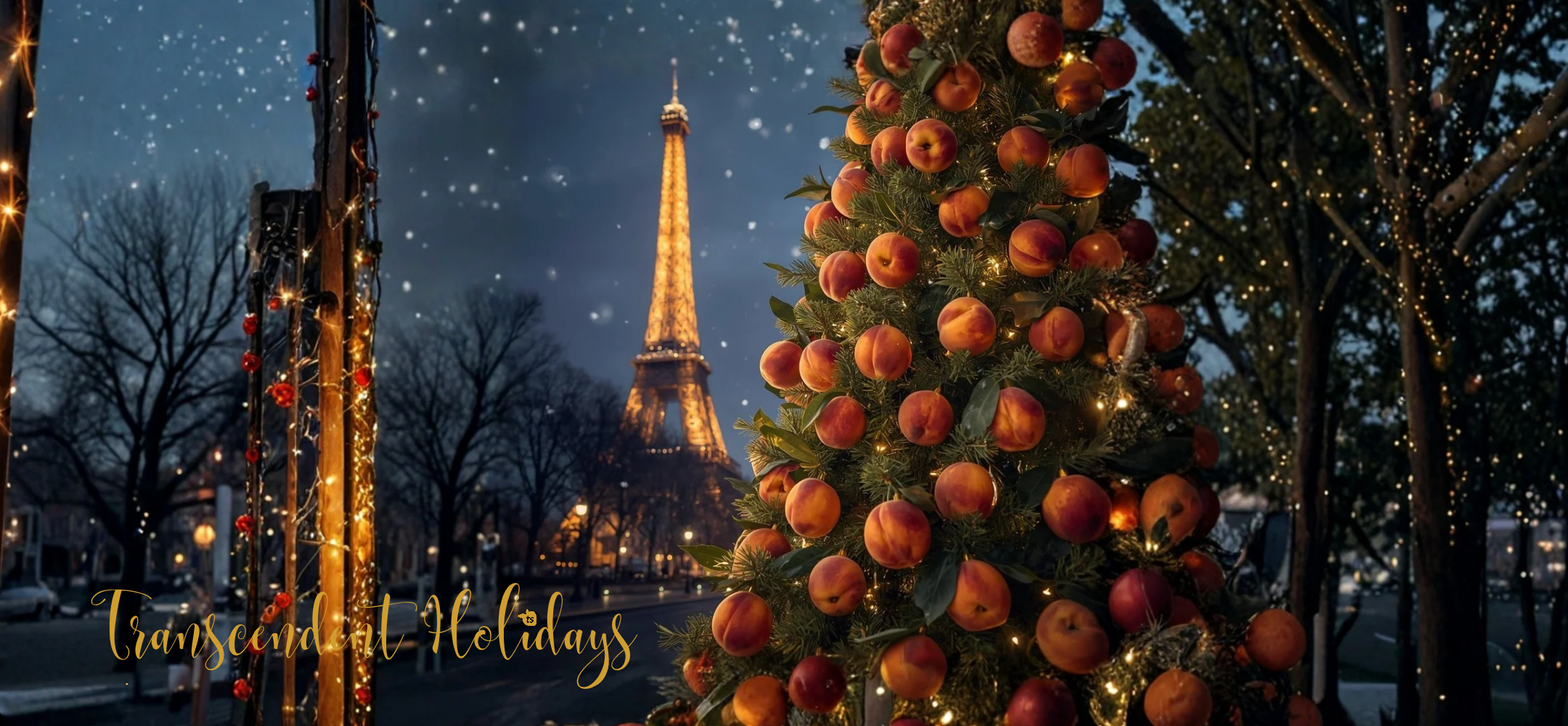 Decorative Christmas tree with oranges in front of the Eiffel Tower at night.